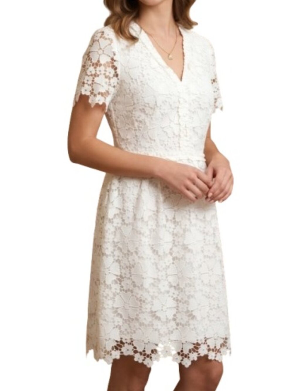 Alex Marie Ivory Floral Lace Dress V-Neck Ruffle Trim Short Sleeves Metallic